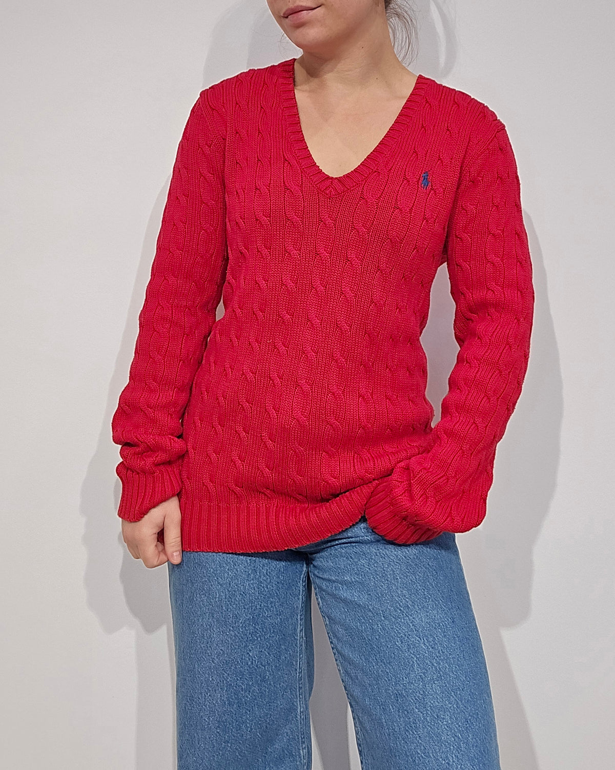 Pull col V en maille torsadé rouge - M/L