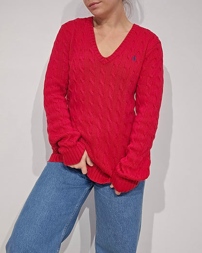Pull col V en maille torsadé rouge - M/L