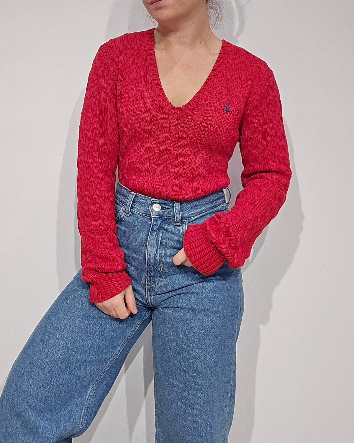Pull col V en maille torsadé rouge - M/L