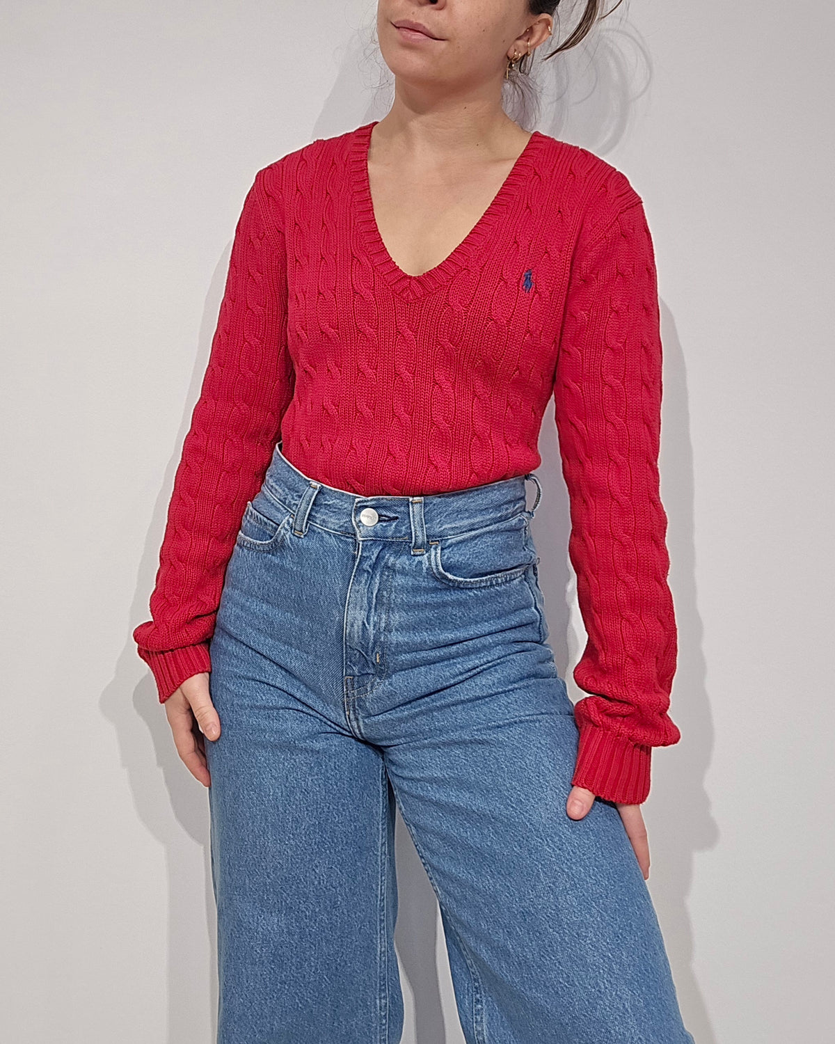 Pull col V en maille torsadé rouge - M/L