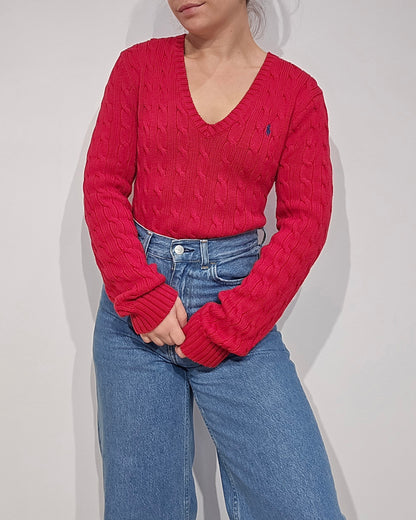 Pull col V en maille torsadé rouge - M/L
