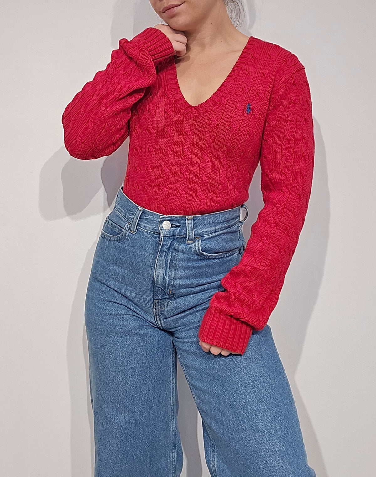 Pull col V en maille torsadé rouge - M/L