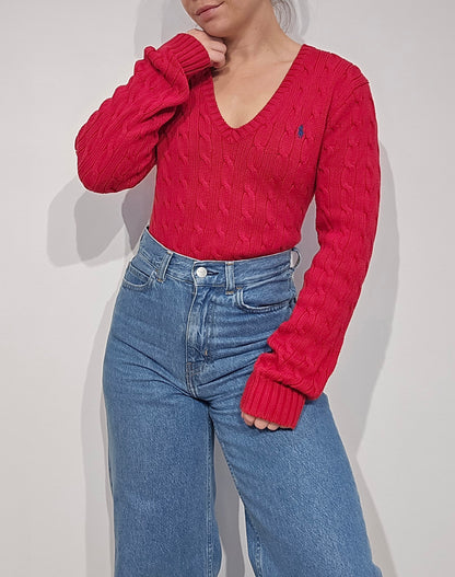 Pull col V en maille torsadé rouge - M/L