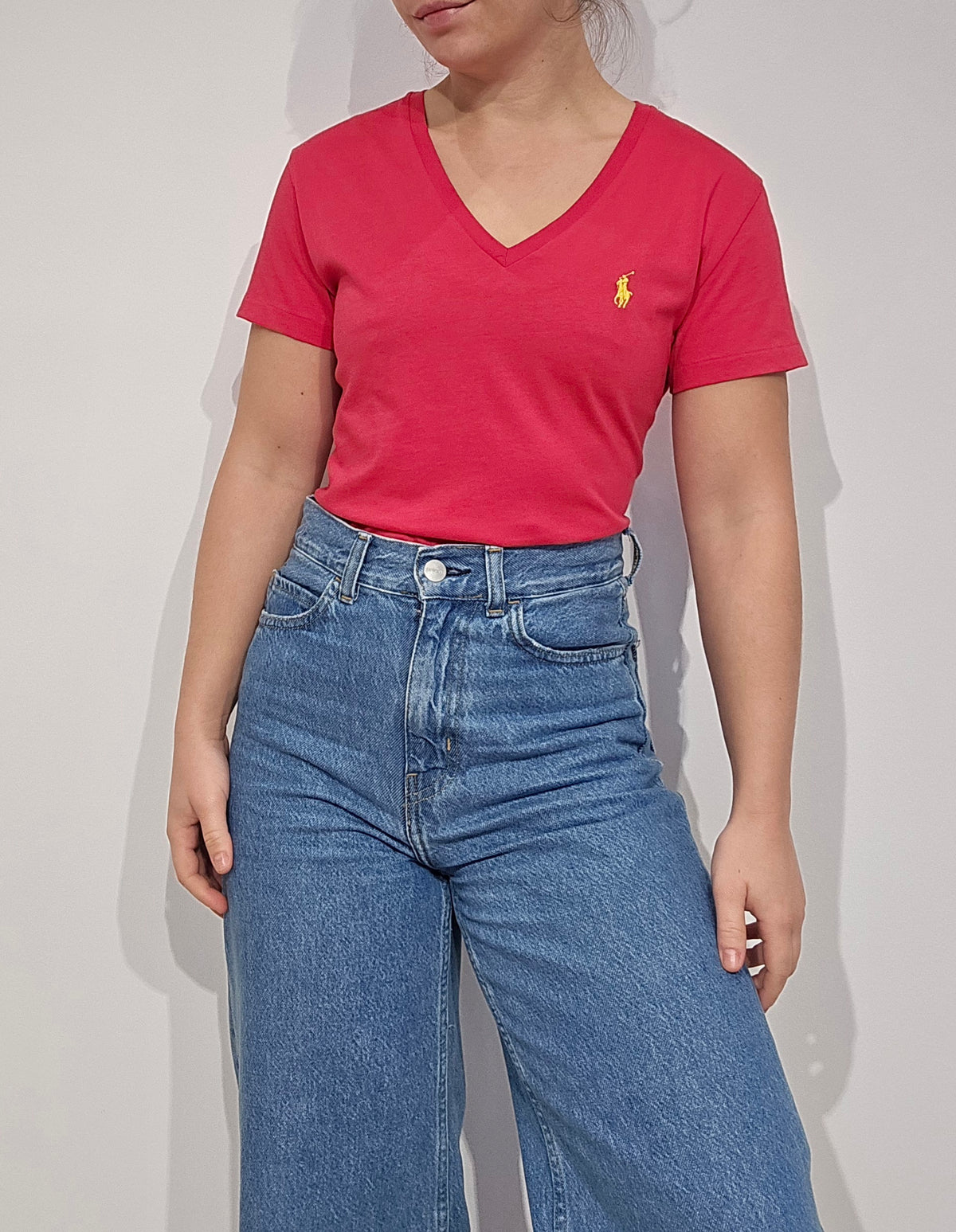 Tee-shirt col V rose - M
