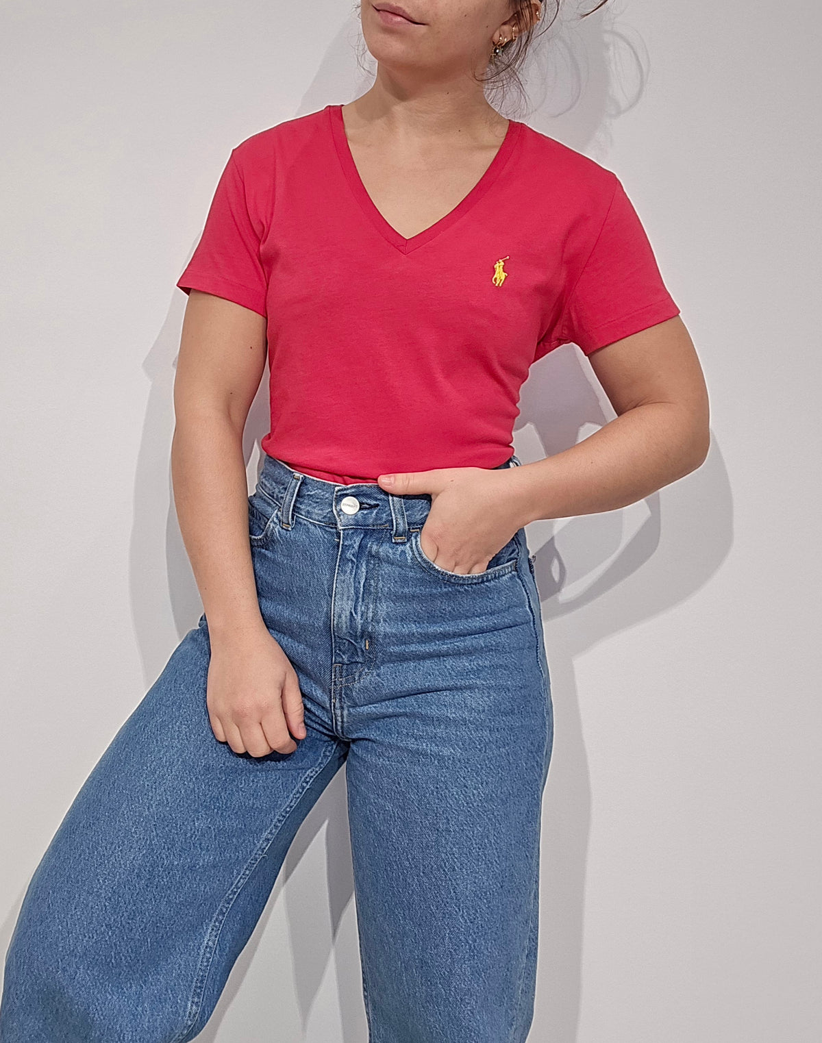 Tee-shirt col V rose - M