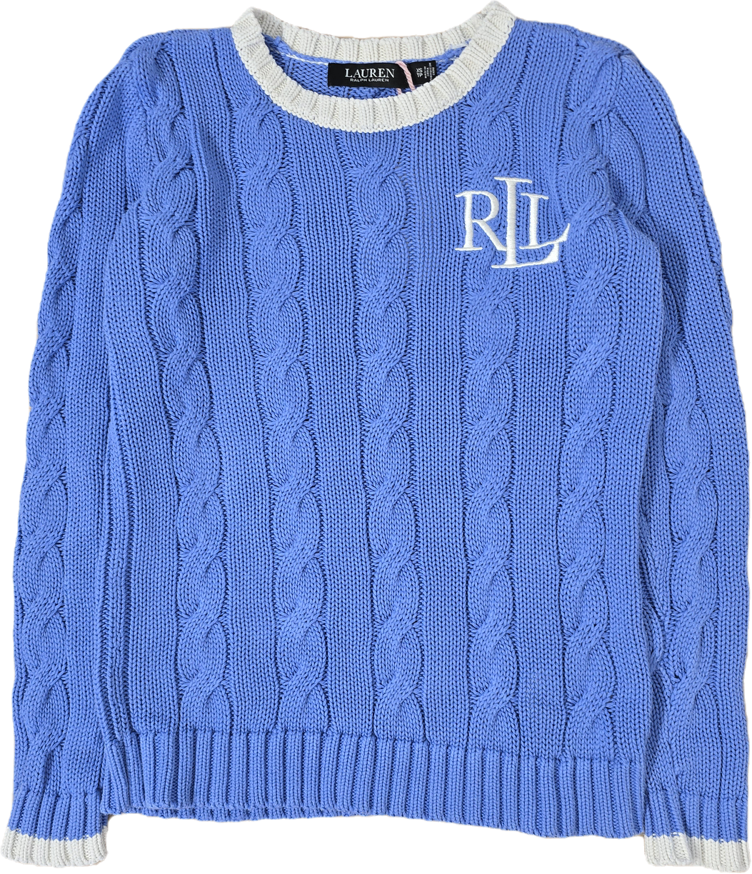 Pull en maille torsadée bleu brodé RLR - XS