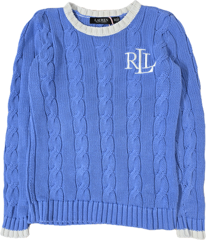 Pull en maille torsadée bleu brodé RLR - XS