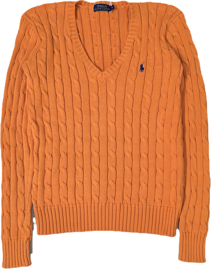 Pull col V en maille torsadé orange - S
