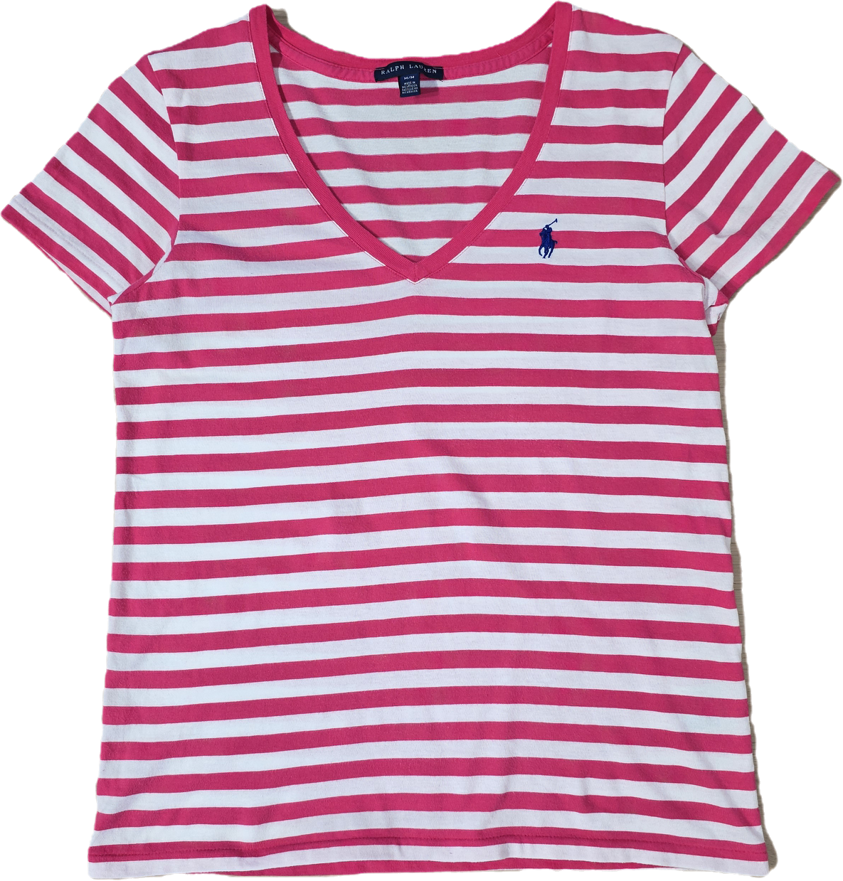 Tee-shirt col V à rayures roses - M