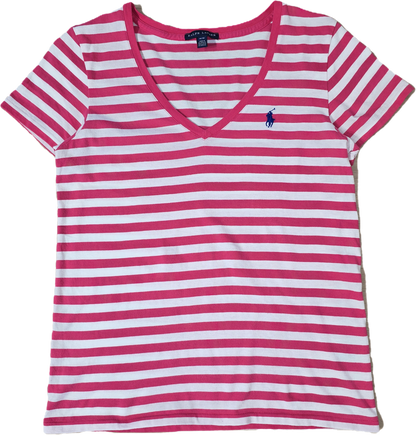 Tee-shirt col V à rayures roses - M