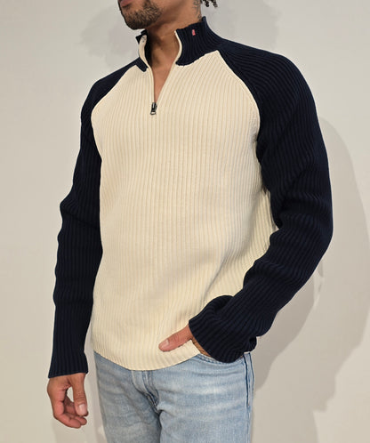 Pull camionneur des années 90' bleu marine et crème - L