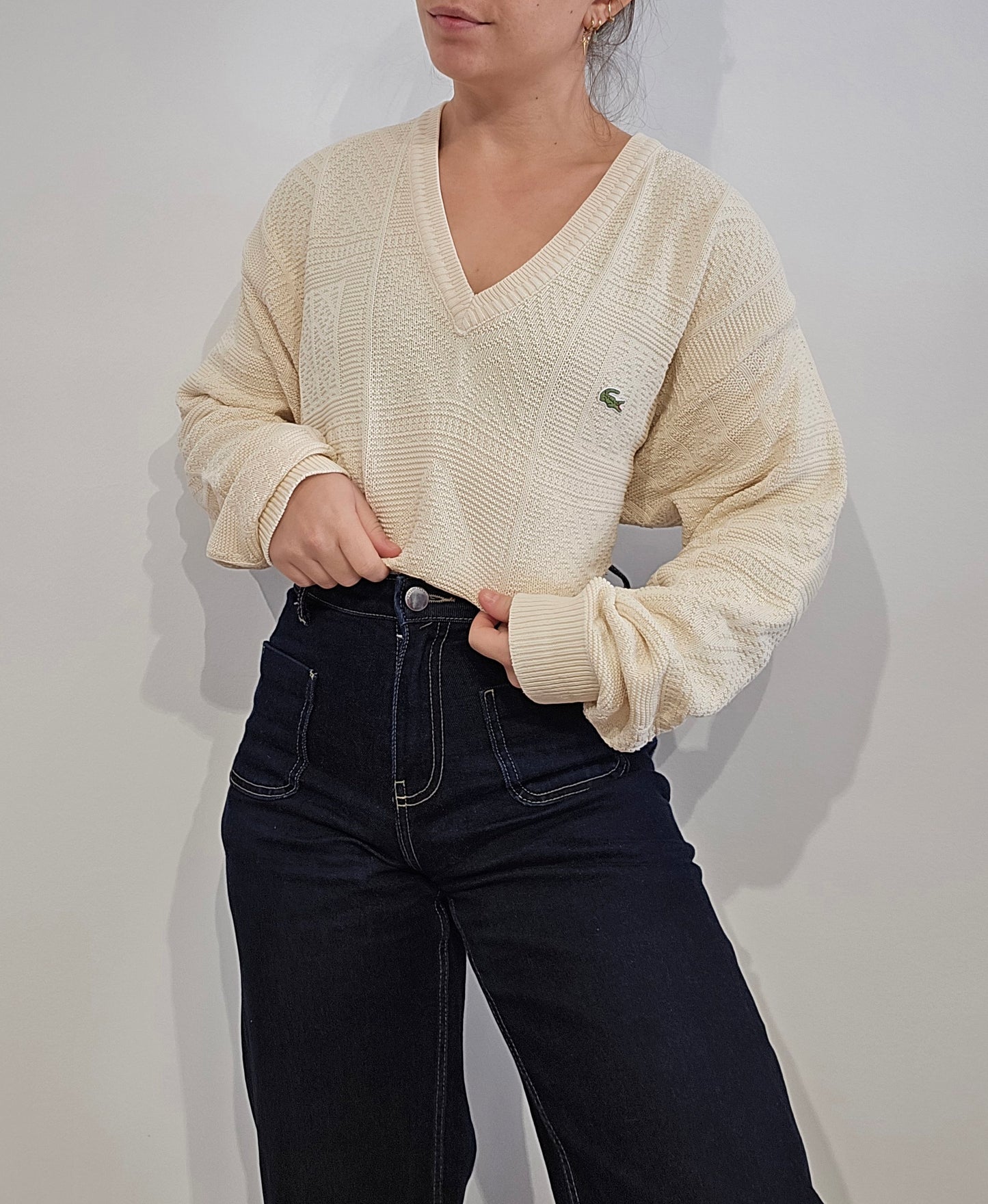 Pull col V crème des années 80' fabriqué en france - L/XL