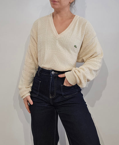 Pull col V crème des années 80' fabriqué en france - L/XL
