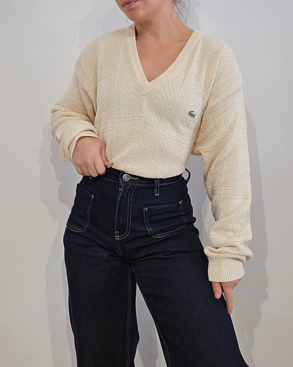 Pull col V crème des années 80' fabriqué en france - L/XL