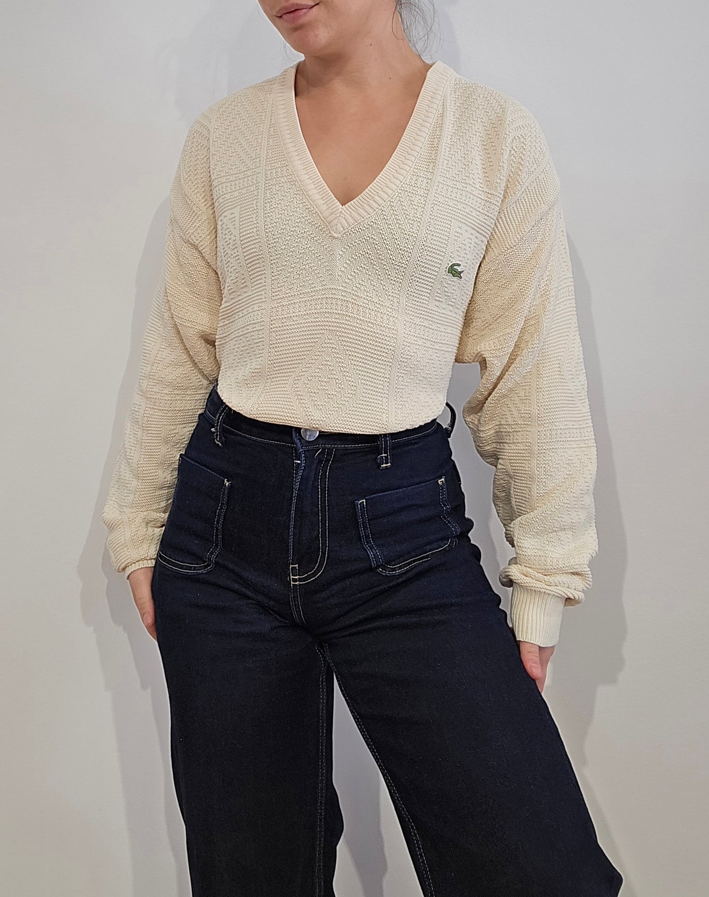 Pull col V crème des années 80' fabriqué en france - L/XL