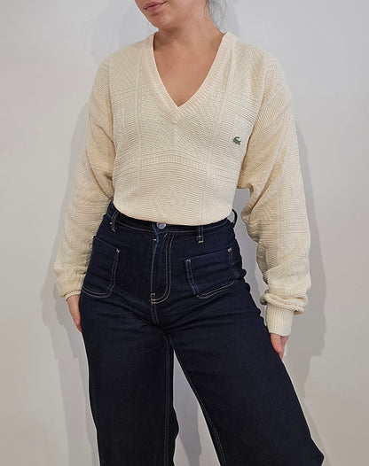 Pull col V crème des années 80' fabriqué en france - L/XL