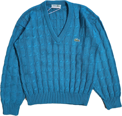 Pull col V en maille torsadée turquoise des aqnnées 80' - S