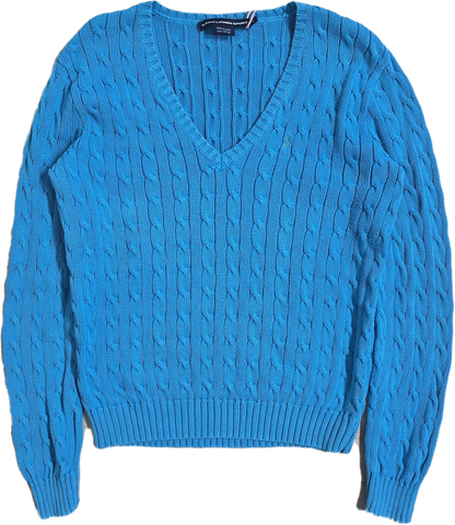 Pull col V en maille torsadée bleu - L/XL