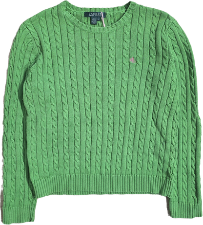 Pull col rond en maille torsadée vert - L