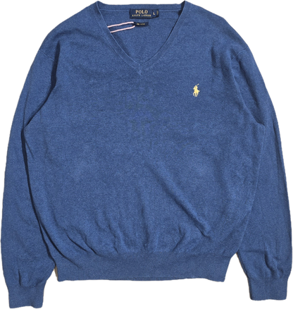 Pull léger col V en coton bleu - L