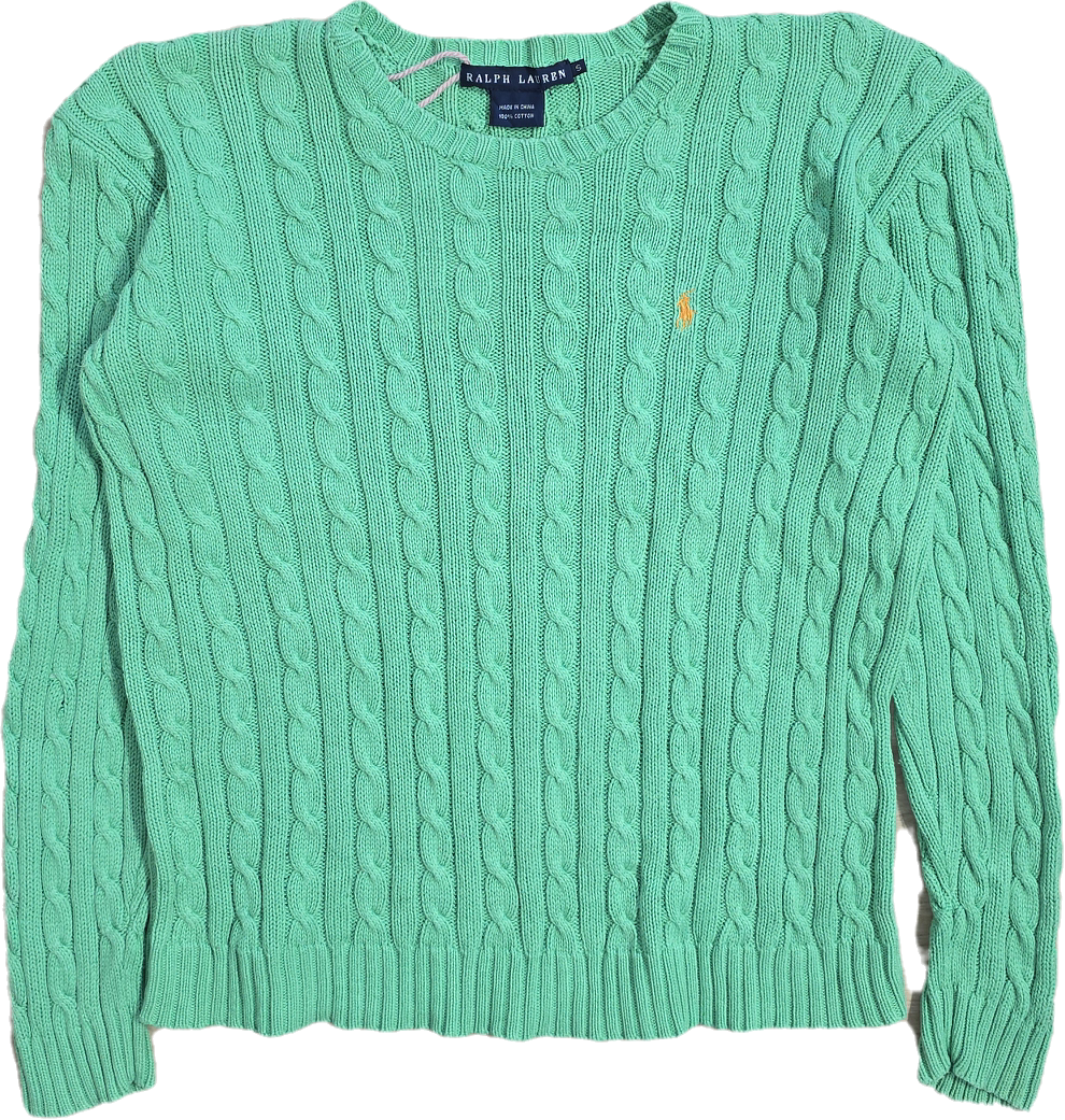 Pull col rond en maille torsadée vert - S