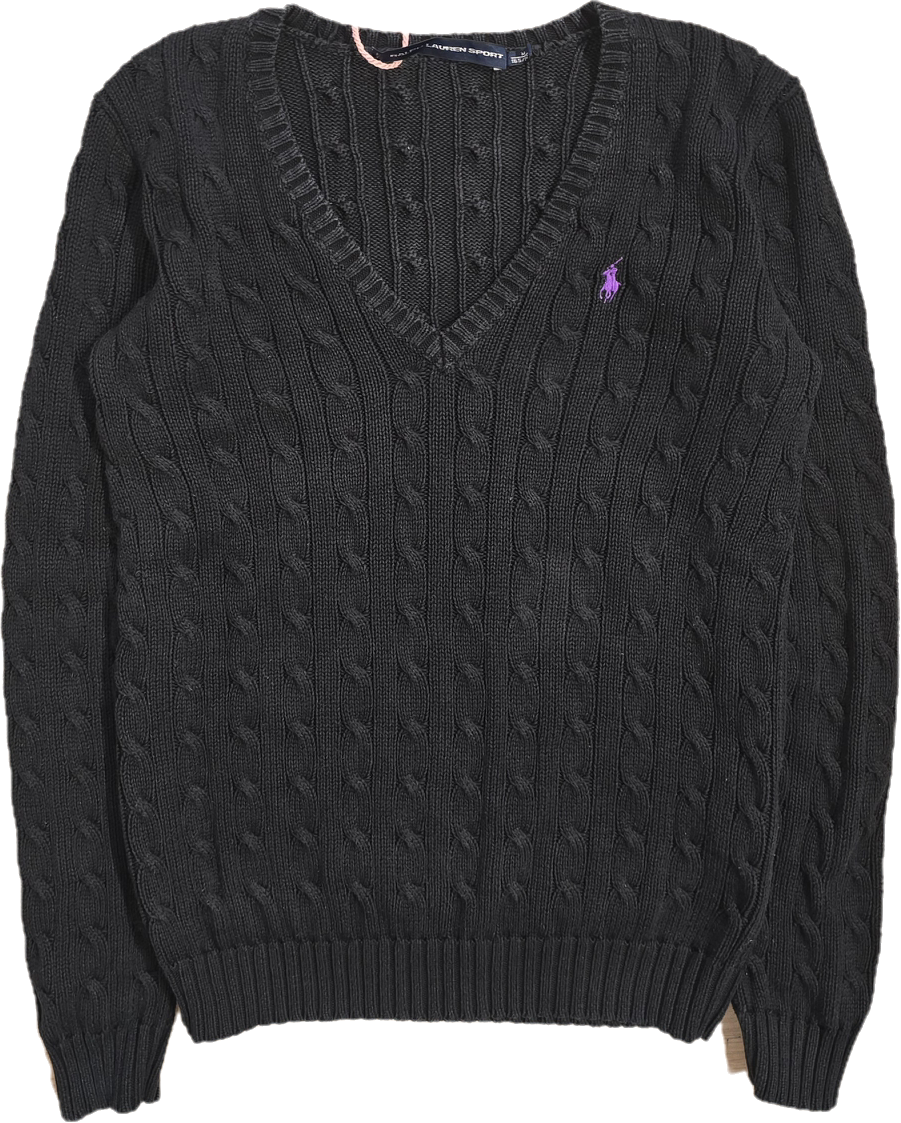 Pull col V en maille torsadée noir - M