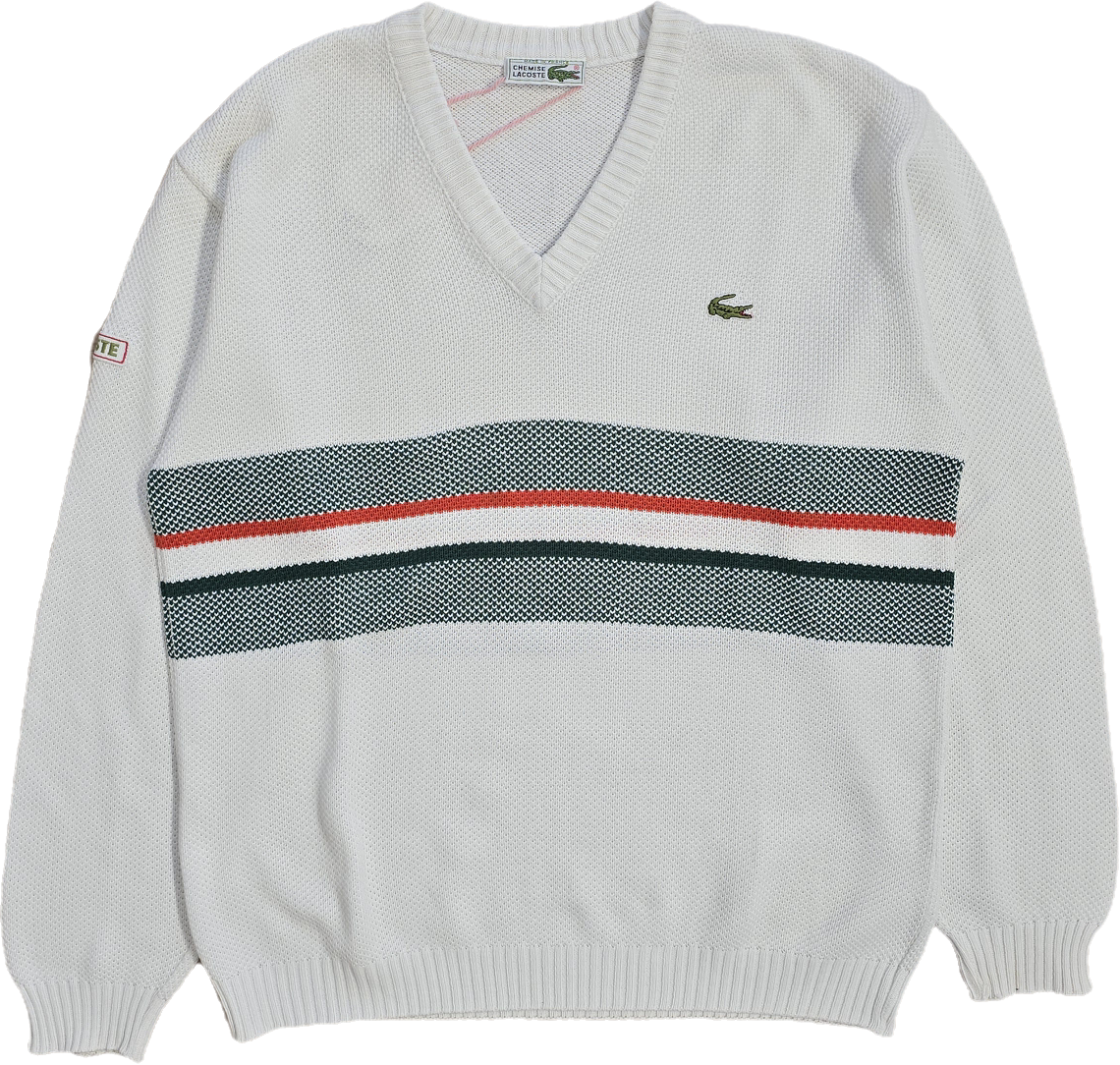 Pull col V blanc à rayures des années 80' - M