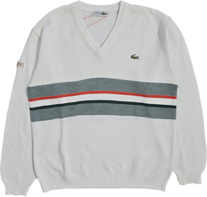Pull col V blanc à rayures des années 80' - M