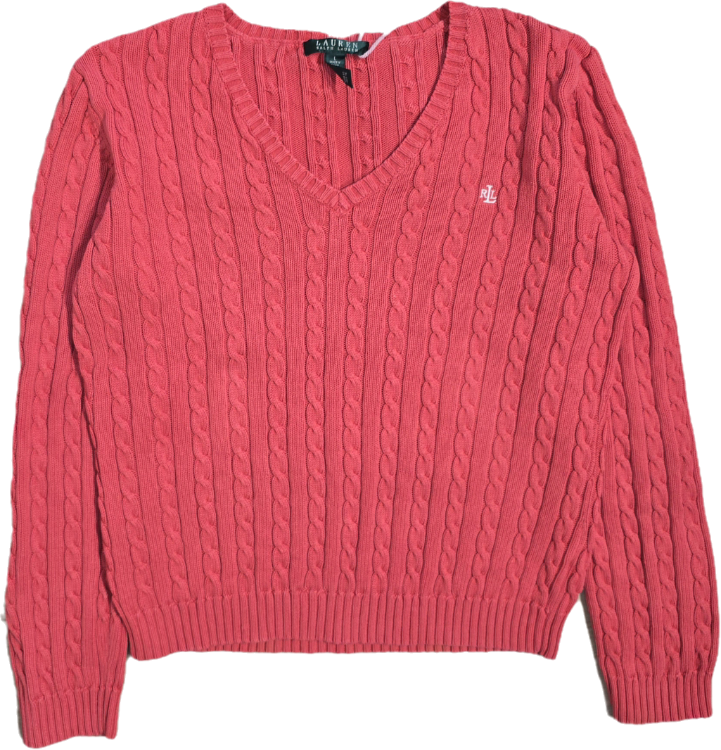 Pull col V en maille torsadée corail - L