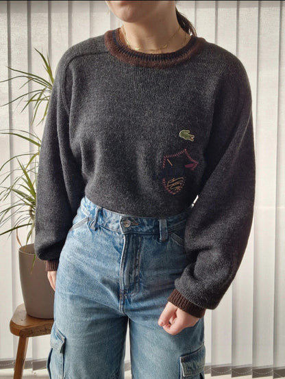 Pull en maille grise brodé des années 80' fabriqué en Espagne - L/XL