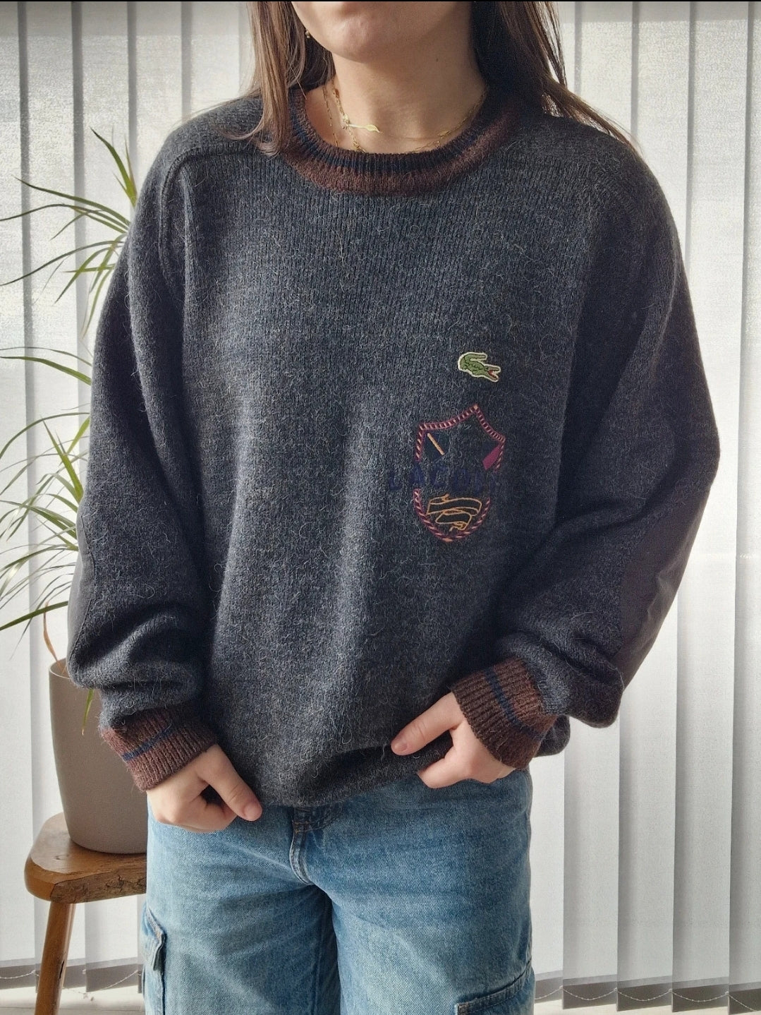 Pull en maille grise brodé des années 80' fabriqué en Espagne - L/XL