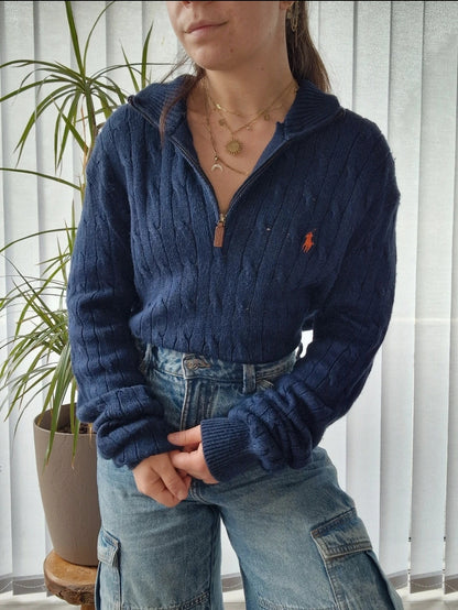 Pull camionneur en maille torsadée bleu foncé - XL/42