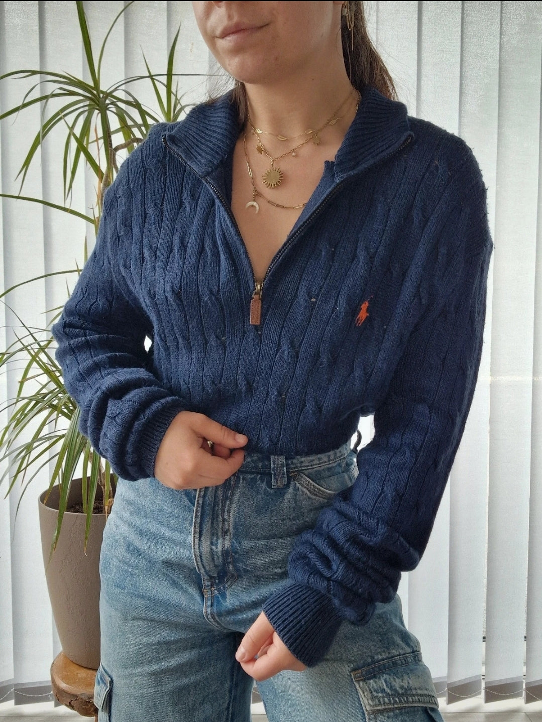 Pull camionneur en maille torsadée bleu foncé - XL/42