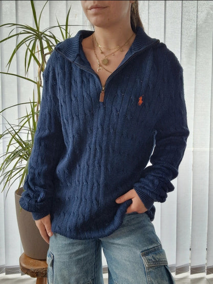 Pull camionneur en maille torsadée bleu foncé - XL/42