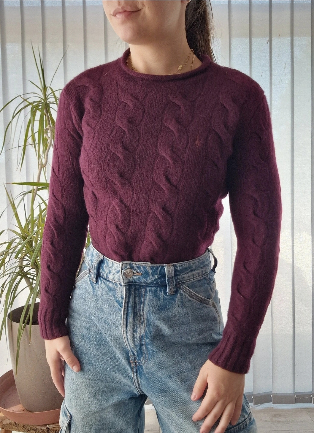 Pull moulant en maille torsadée prune - XXS/32