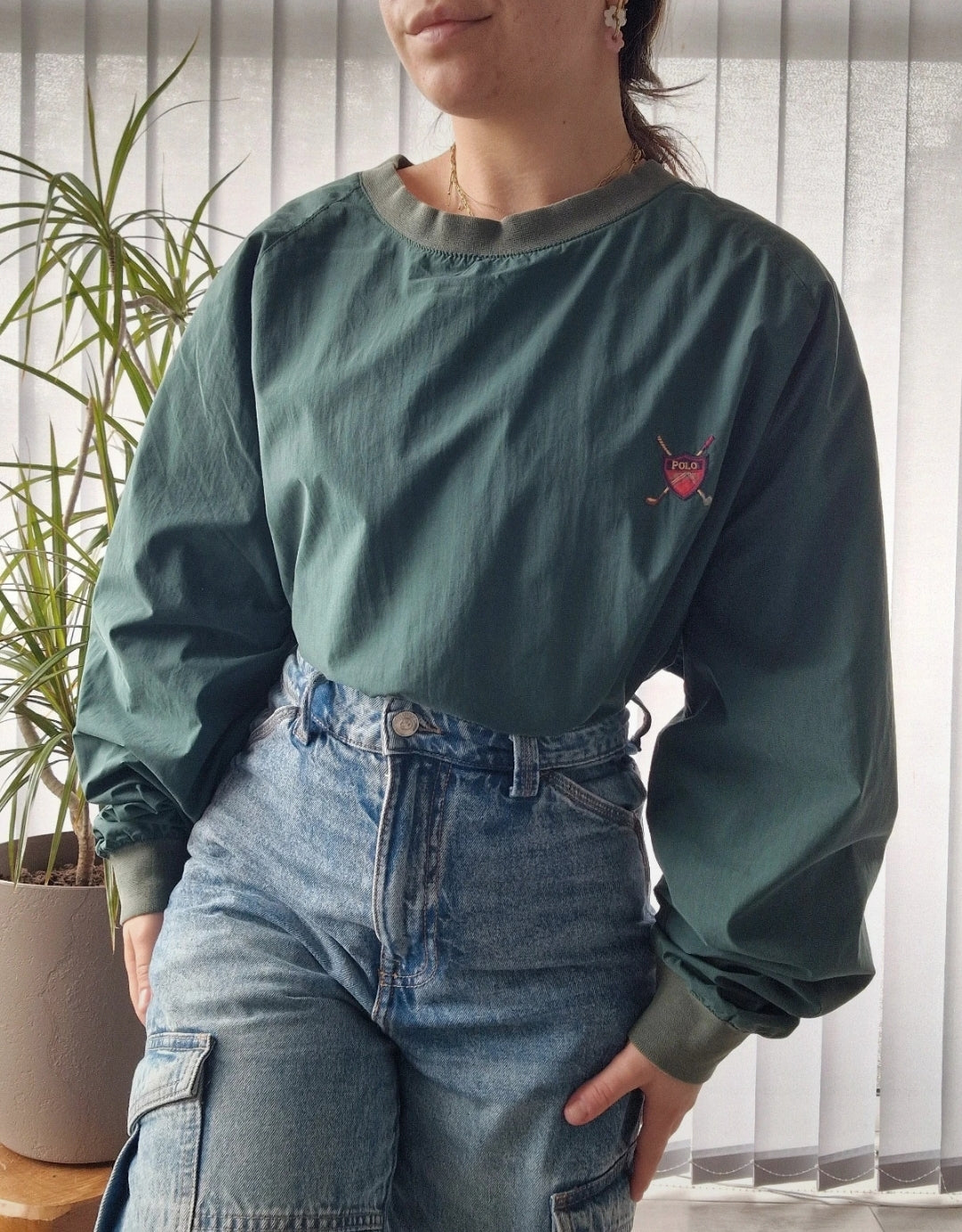 Sweat imper vert brodé vintage des années 90' - XL/42