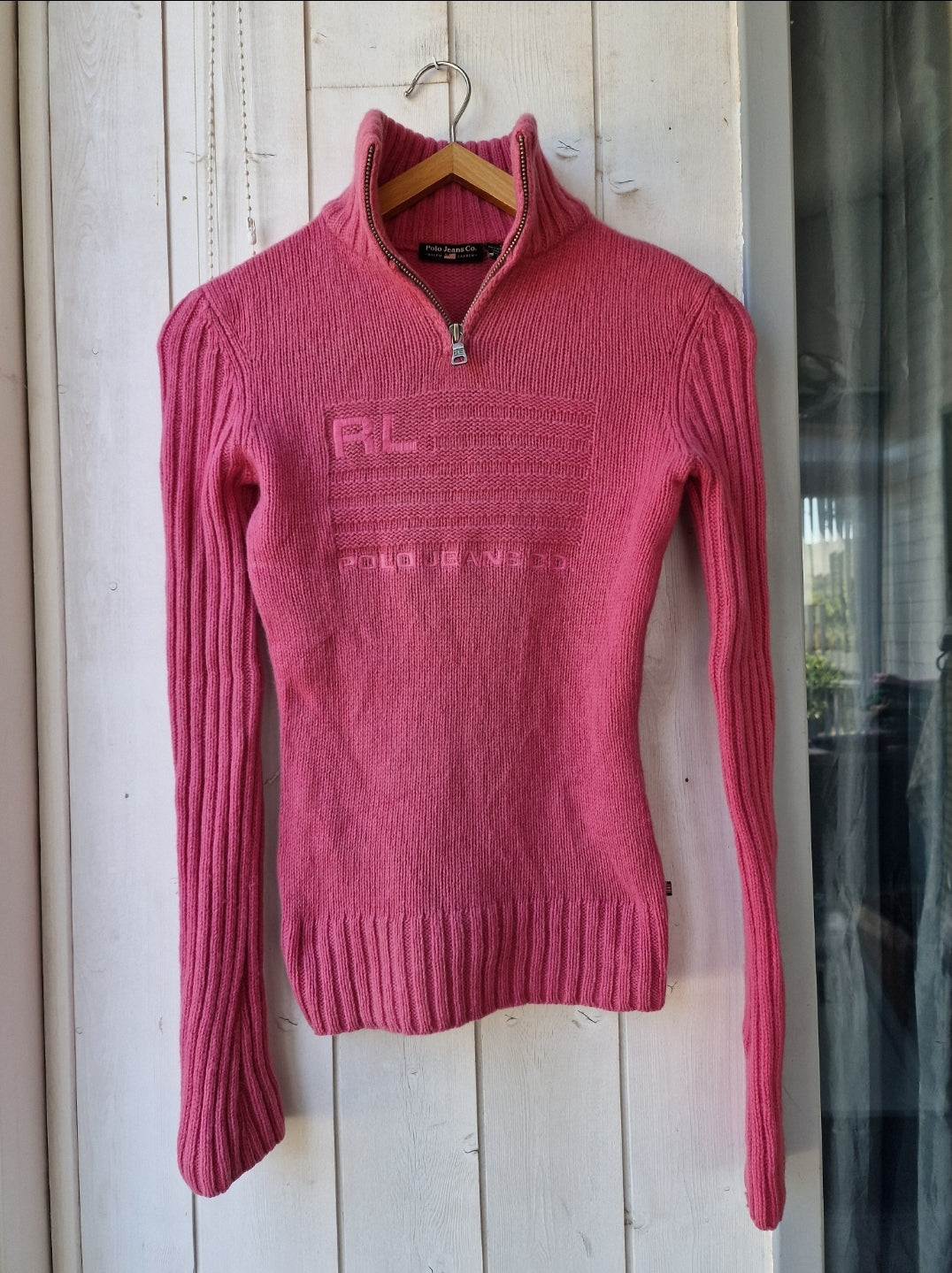 Pull camionneur en laine rose american flag (moulant) - XS/34
