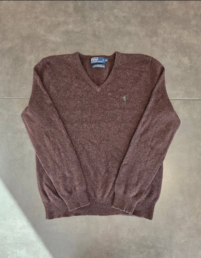 Pull col V en laine marron - S
