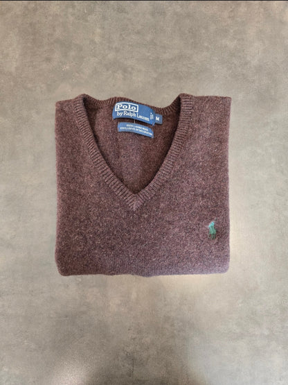 Pull col V en laine marron - S