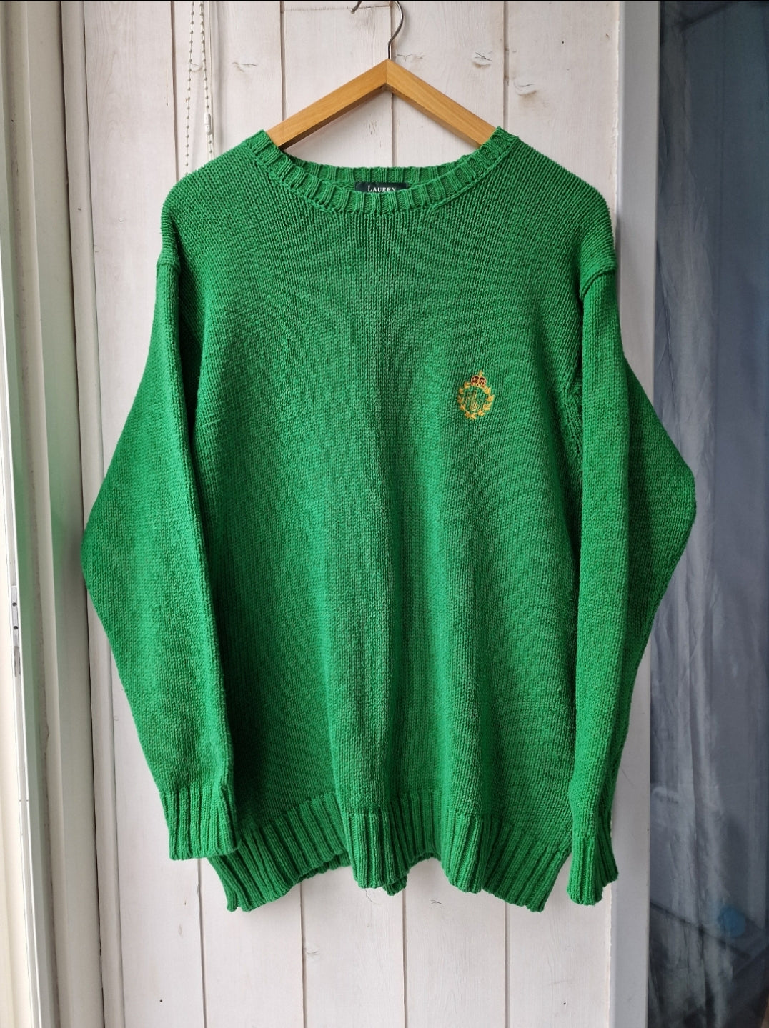 Pull col rond en maille vert brodé des années 90' - L