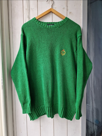 Pull col rond en maille vert brodé des années 90' - L