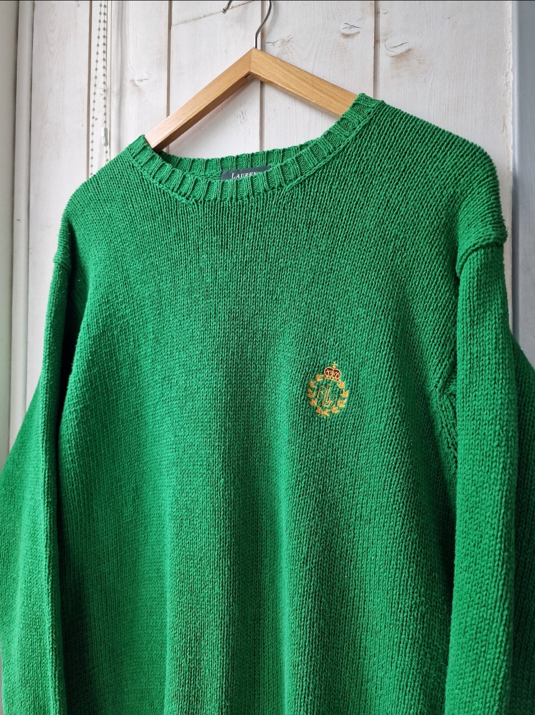 Pull col rond en maille vert brodé des années 90' - L